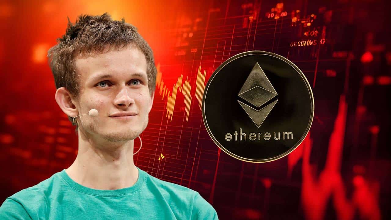Vitalik Buterin na tle Ethereum i wykresu, pokazującego spadek.