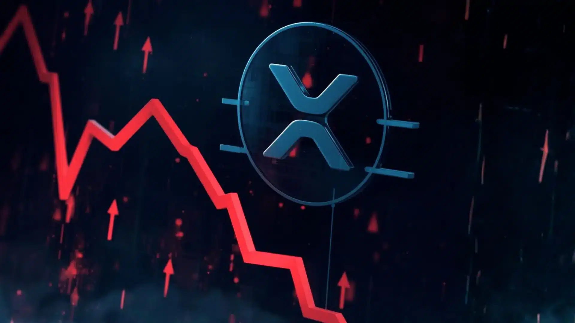 XRP notuje spadek na giełdzie. Ciemne tło i czerwona strzałka.