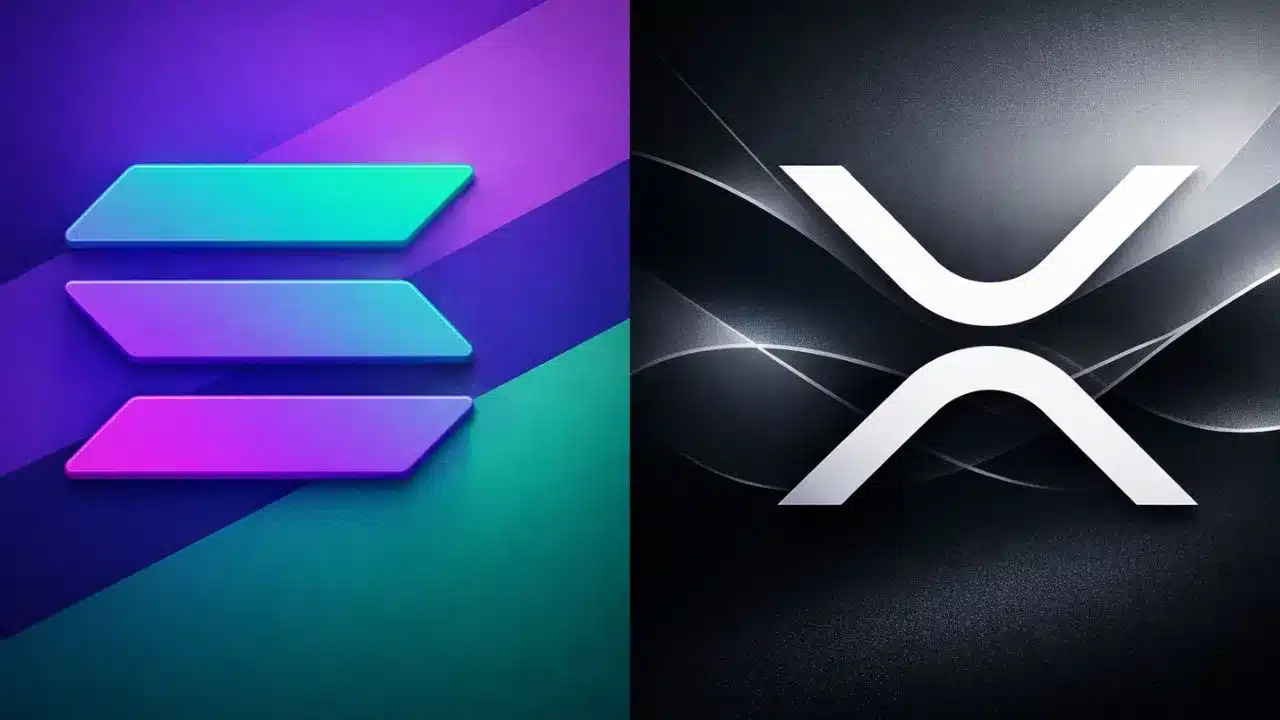 Logo SOL Solana po lewej stronie, logo XRP Ripple po prawej stronie