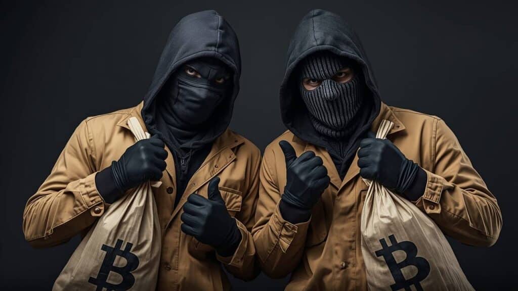 Złodzieje kryptowaluta w maskach z workami BTC.