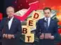 Donald Tusk i Andrzej Domański na tle rosnącego długu.