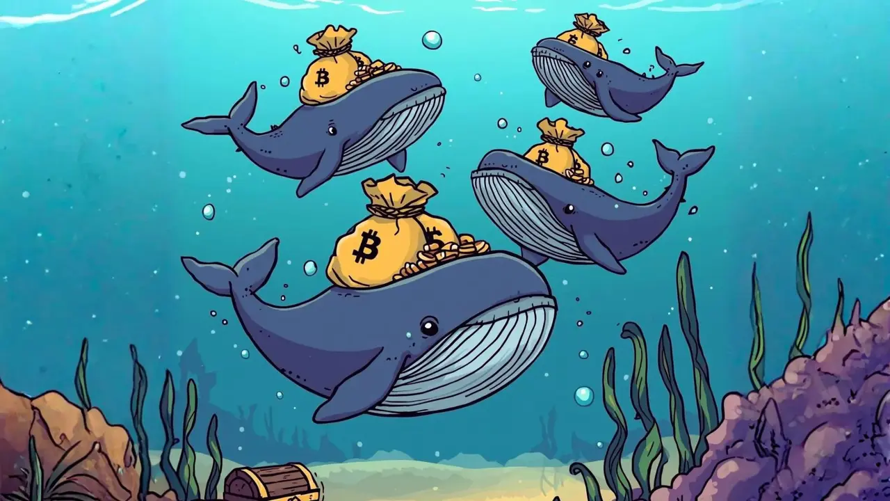 Wieloryby dźwigają worki wypełnione Bitcoinami.