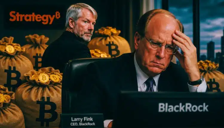 Michael Saylor ze Strategy za plecami Farrego Finka z BlackRock.