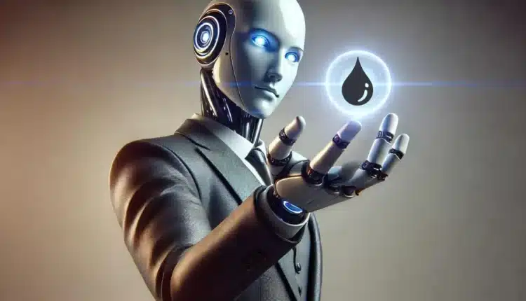 Robot AI trzymający w ręku kroplę ropy, robot jest w garniturze.