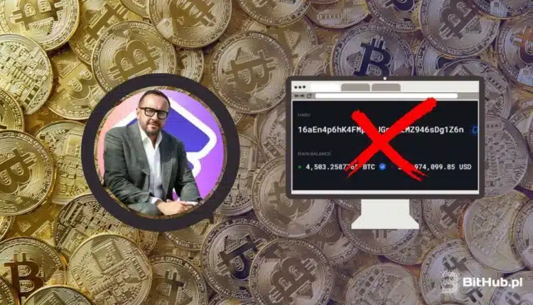 stos bitcoinów na których tle jest portret prezesa zondacrypto i komputer na którym widnieje adres z 4500 btc