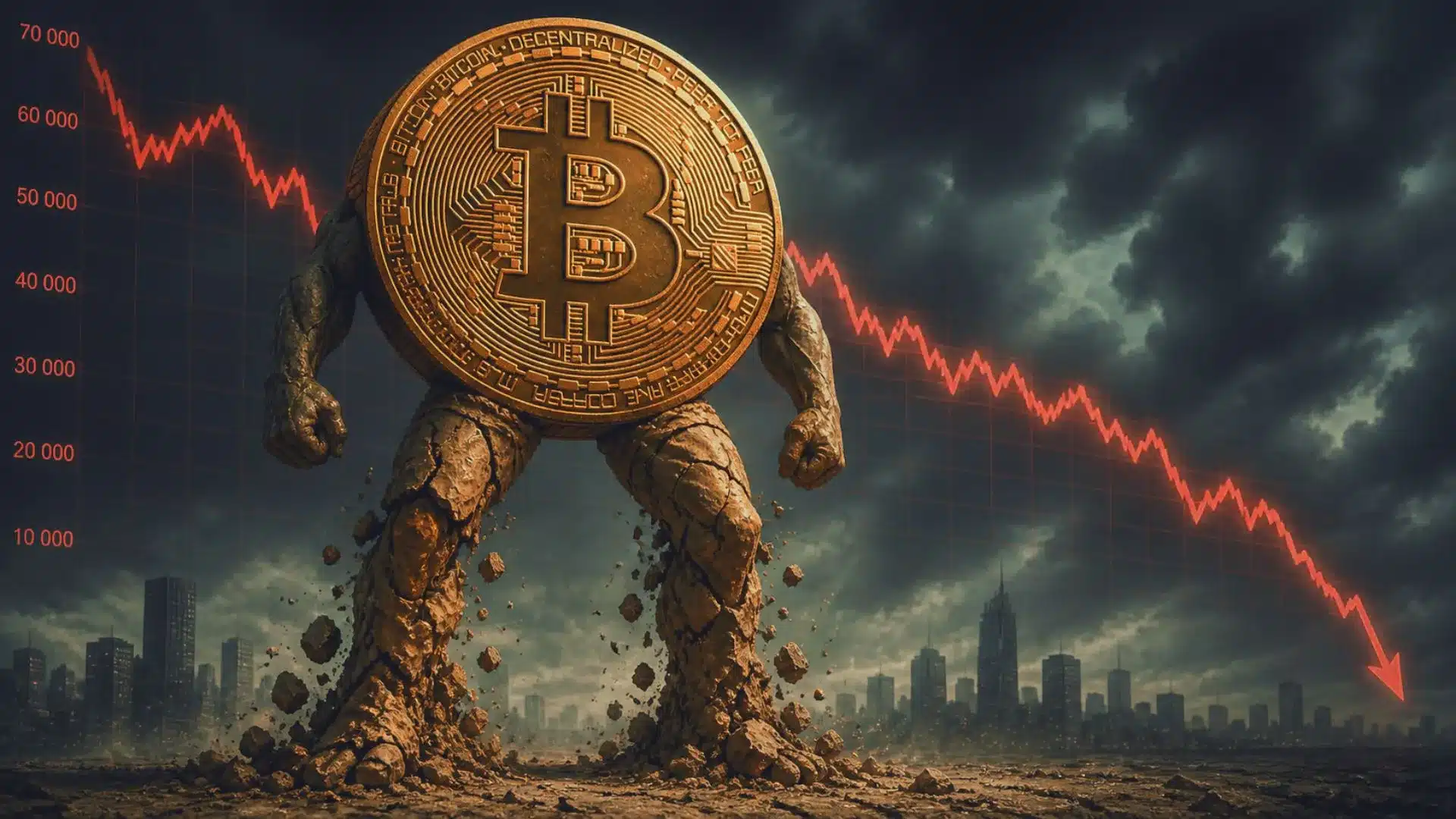 Bitcoin jako kolos na glinianych nogach. W tle wykres spadkowy.