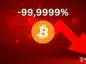 bitcoin spada na tle czerwonego wykresu, napis -99,9999%
