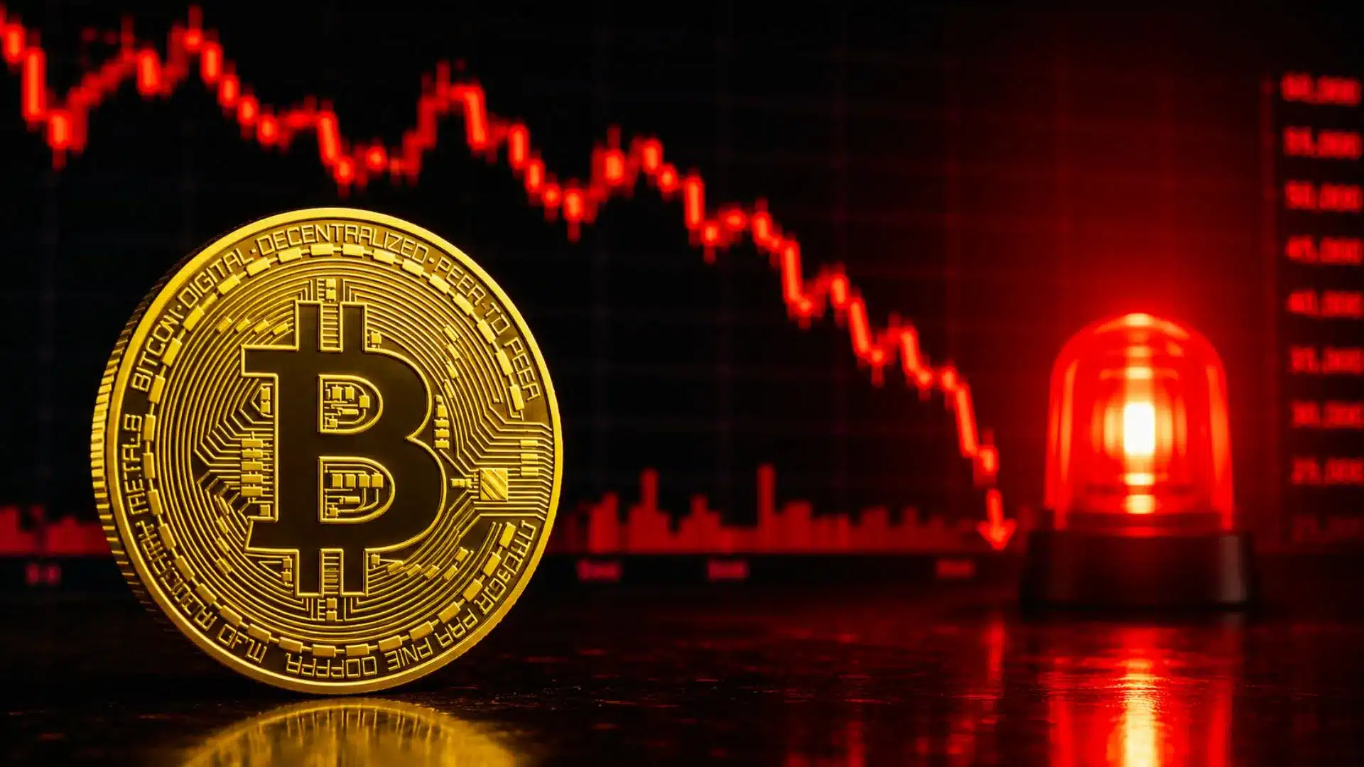 Bitcoin na tle czerwonego wykresu. Sygnał alarmowy.