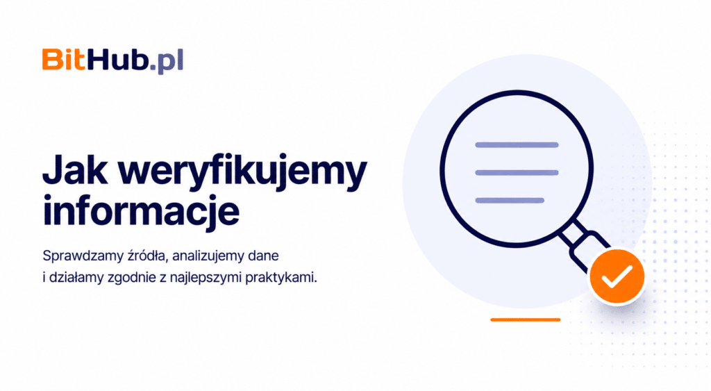 Grafika lupy symbolizująca proces weryfikacji informacji, źródeł i danych publikowanych przez BitHub.pl.