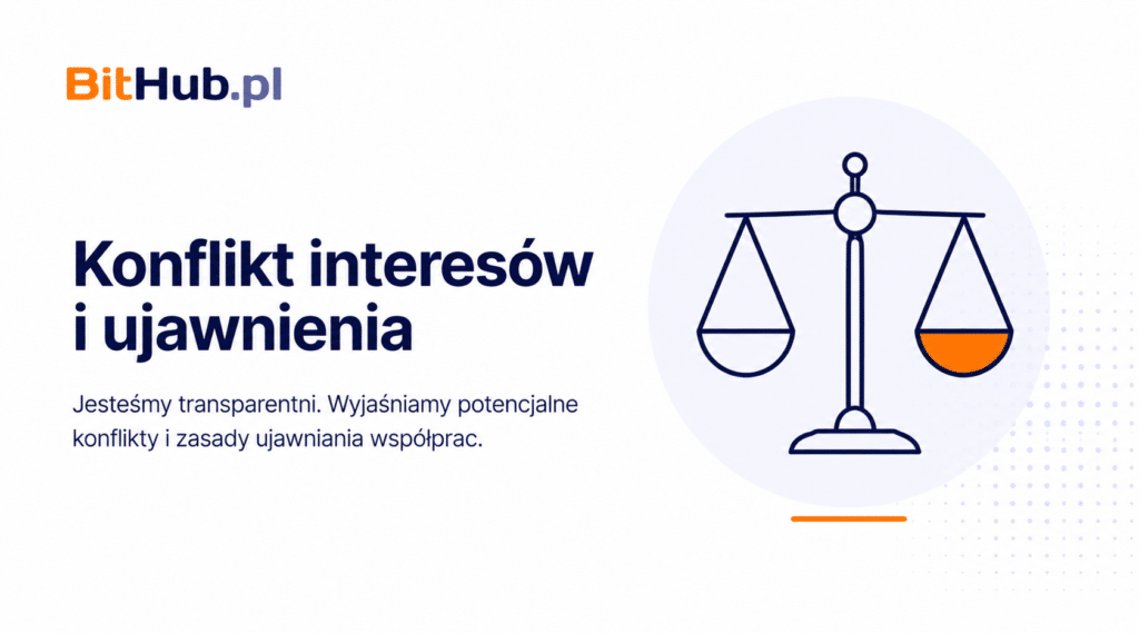 Ilustracja wagi symbolizująca transparentność, konflikt interesów i zasady ujawniania współprac w BitHub.pl.