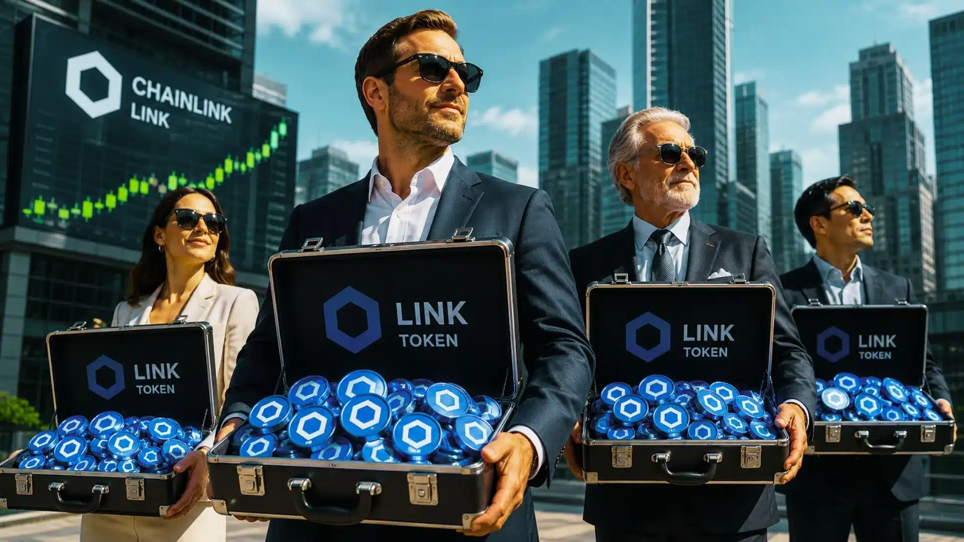 Wieloryby Chainlink z walizkami wypełnionymi tokenami LINK.
