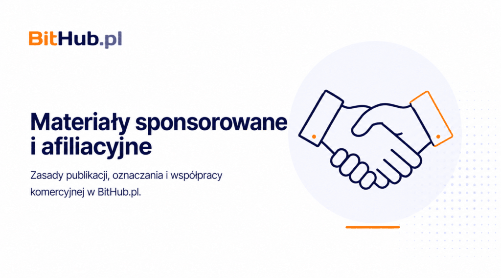 Grafika uścisku dłoni symbolizująca materiały sponsorowane, afiliacyjne i współprace komercyjne w BitHub.pl.