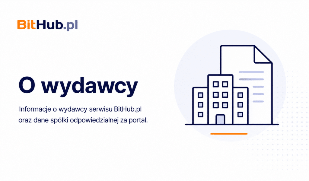 Grafika budynku i dokumentu przedstawiająca informacje o wydawcy serwisu BitHub.pl.