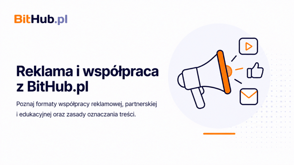 Ilustracja megafonu i ikon mediów społecznościowych symbolizująca reklamę i współpracę z BitHub.pl.
