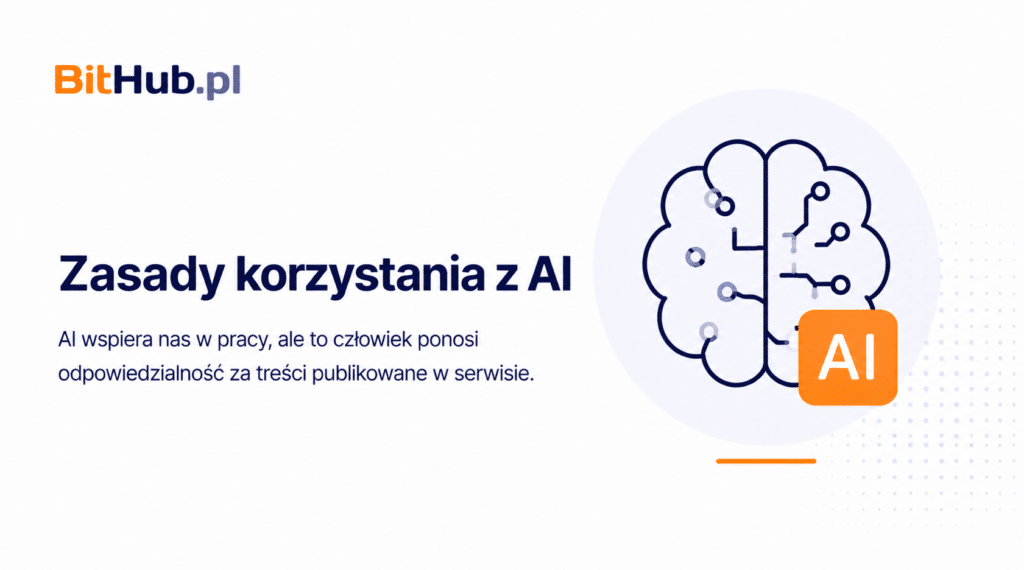 Ilustracja mózgu i symbolu AI przedstawiająca zasady korzystania ze sztucznej inteligencji w redakcji BitHub.pl.