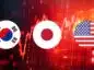 czerwony wykres krachu na giełdzie, flagi korei, japonii i usa