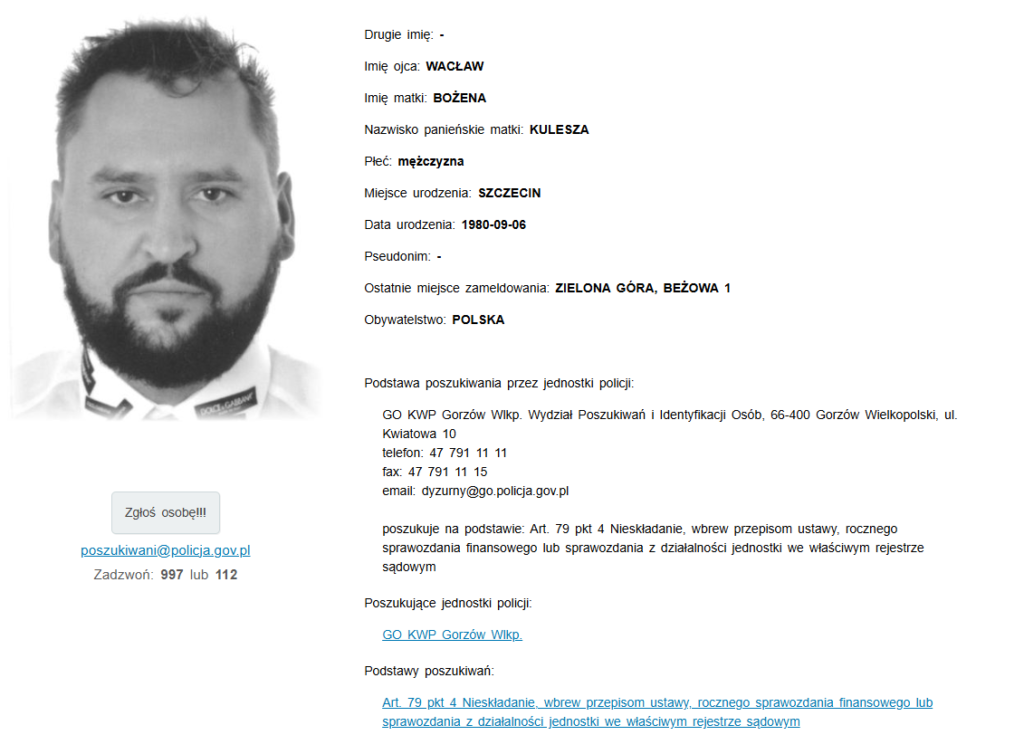 Nota polskiej policji wydana w ramach poszukiwania Marcina Pióro, prezesa Cinkciarza i Conotoxii