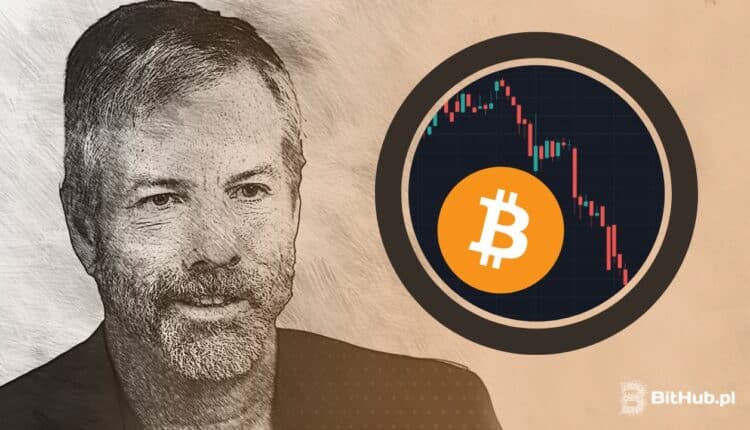 Michael Saylor szkic postaci, wykres spadającego Bitcoina