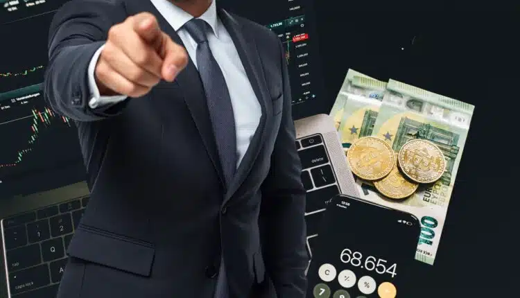 inwestor biznesmen w tle pieniadze i bitcoiny