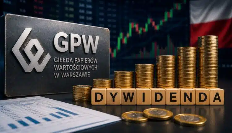 logo GPW oraz ułożony z klocków napis DYWIDENDA na tle wykresu