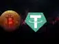 Moneta Bitcoin oraz logo Tethera, na tle czarno-czerwonego tła