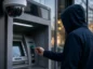 Zakapturzony mężczyzna próbujący wypłacić gotówkę. Obok bankomat i kamera monitoringu.