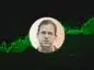 Peter Thiel portret na tle rosnącego wykresu giełdowego, kolorystyka ciemnozielona-czarna