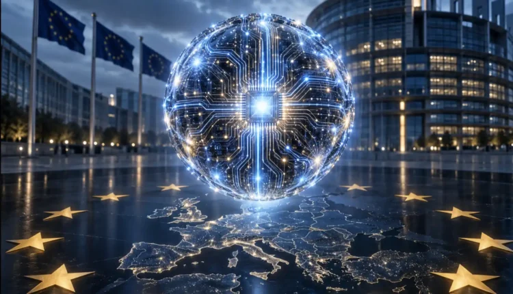 Futurystyczna kula symbolizująca sztuczną inteligencję unosi się nad mapą Europy i gwiazdami Unii Europejskiej przed nowoczesnym budynkiem instytucji UE.