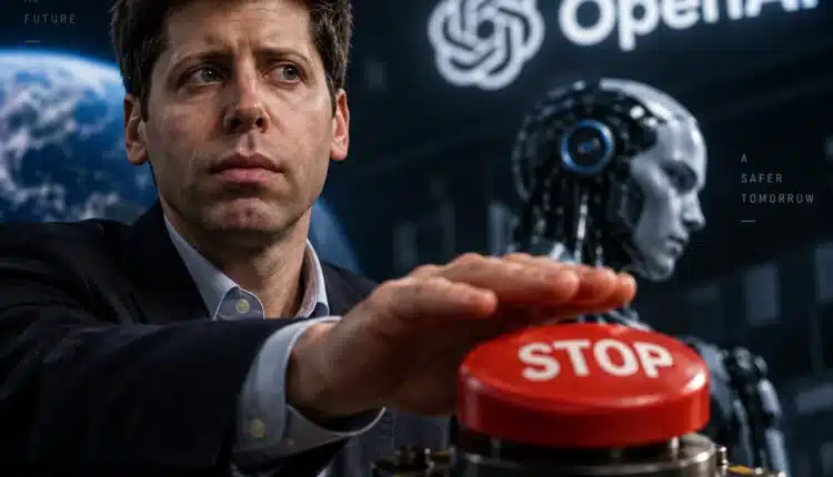 Sam Altman przed czerwonym przyciskiem STOP, symbolizującym zahamowanie planów OpenAI i obawy dotyczące bezpieczeństwa sztucznej inteligencji.