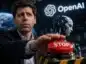 Sam Altman przed czerwonym przyciskiem STOP, symbolizującym zahamowanie planów OpenAI i obawy dotyczące bezpieczeństwa sztucznej inteligencji.