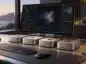 Cztery komputery Apple ustawione na eleganckim biurku podłączone do dużego monitora z wizualizacją modelu AI, symbolizujące lokalne uruchamianie sztucznej inteligencji bez korzystania z chmury.