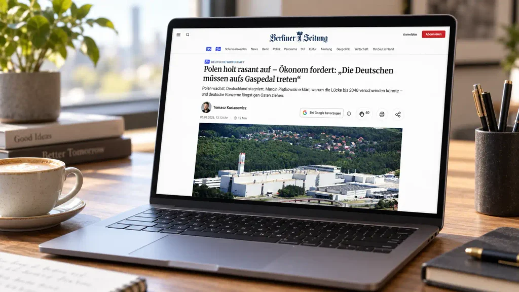 Laptop stojący na drewnianym biurku wyświetla artykuł Berliner Zeitung o doganianiu Niemiec przez Polskę, a w tle widać filiżankę kawy, notes i roślinę.