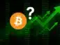 Ciemnozielony wykres ze strzałkami sygnalizującymi wzrosty, logo Bitcoina oraz biały pytajnik