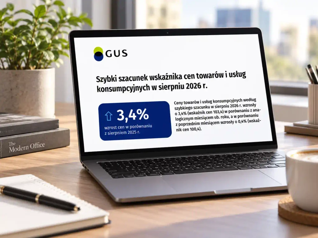 Laptop wyświetlający infografikę GUS z szybkim szacunkiem inflacji w Polsce na poziomie 3,4 proc. w sierpniu 2026 roku.