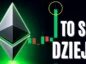 Duże logo ETH na tle wykresu z dużą zieloną świecą po prawej