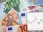 Banknoty euro rozrzucone na stole i naniesiony na grafikę wykres EUR/USD