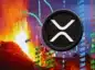 XRP na tle wulkanu i giełdowych wykresów.
