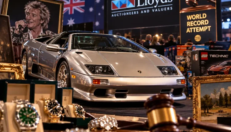 Srebrne Lamborghini Diablo, luksusowe zegarki, biżuteria, młotek aukcyjny i zestawy LEGO podczas prestiżowej aukcji w Australii. Grafika ilustruje próbę pobicia rekordu Guinnessa przez Lloyds Auctions.