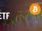 Wykres giełdowy z napisem ETF oraz logiem Bitcoina