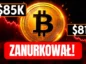 Logo Bitcoina na tle czerownego wykresu z napisem
