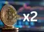 Moneta Bitcoin widoczna z profilu, obok niej biały napis "x2"