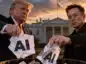 Elon Musk i Donald Trump wyrzucają kartki z napisem AI do kosza. Symboliczna ilustracja zmiany nazwy sztucznej inteligencji na superinteligencję.