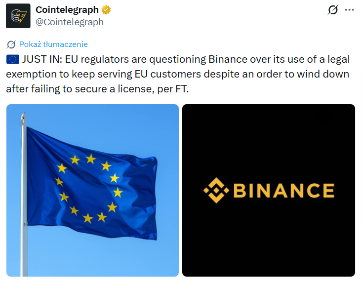 Flaga Unii Europejskiej obok logo Binance, ilustrująca spór giełdy kryptowalut z unijnymi regulatorami o dalszą obsługę klientów w UE.