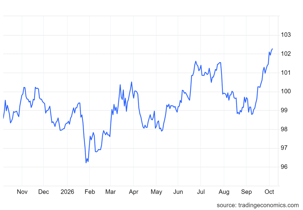 Wykres obrazuje rosnącą siłę indeksu DXY, który osiągnął 102,26 pkt.