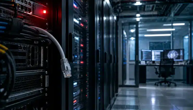 Odłączony kabel sieciowy w serwerowni symbolizujący ograniczenie dostępu do internetu dla modeli sztucznej inteligencji OpenAI.