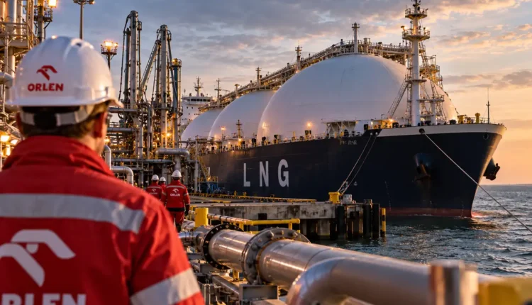 Pracownicy Orlenu w czerwonych kombinezonach obserwują ogromny gazowiec LNG zacumowany przy terminalu przeładunkowym.