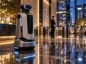 Futurystyczny robot ochroniarski z niebieskim podświetleniem patroluje luksusowe lobby biurowca. W tle widać tradycyjnego ochroniarza oraz przeszklone wejście do budynku.