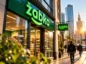 Zielone logo Żabki nad wejściem do sklepu w centrum Warszawy, w tle Pałac Kultury i Nauki skąpany w ciepłym świetle zachodzącego słońca. Grafika ilustruje dynamiczny rozwój sieci Żabka i jej rekordową sprzedaż w 2026 roku.
