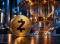 Złota moneta symbolizująca kryptowalutę Zcash na tle komputera kwantowego. Ilustracja prac nad nowymi zabezpieczeniami kryptograficznymi sieci Zcash.